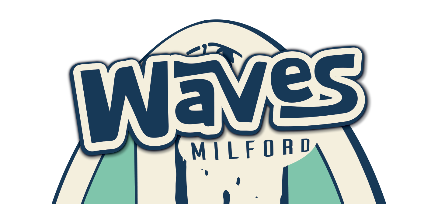 waves milford delAware - WAVES ON AN ANTIQUE SURFBOARD WITH THE CITY NAME MILFORD