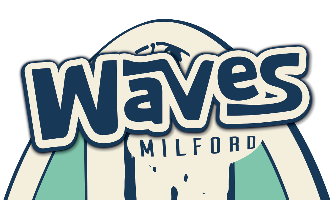 waves milford delAware - WAVES ON AN ANTIQUE SURFBOARD WITH THE CITY NAME MILFORD