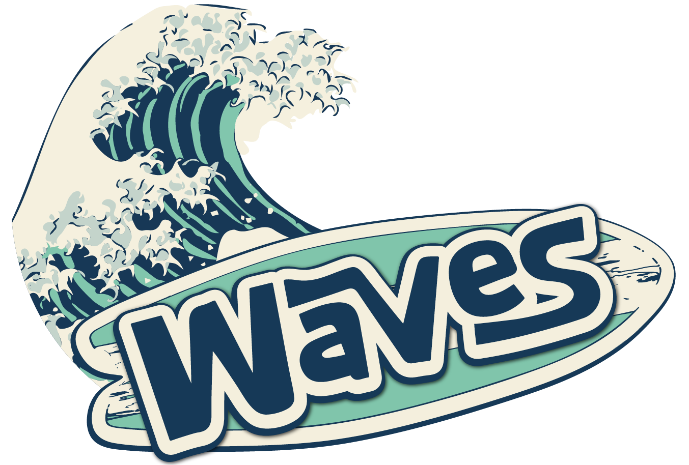 WAVES CAR WASH LOGO - VINTAGE SURFBOARD WITH THE WORD WAVES CAR WASH ON TOP AND THE GREAT WAVE