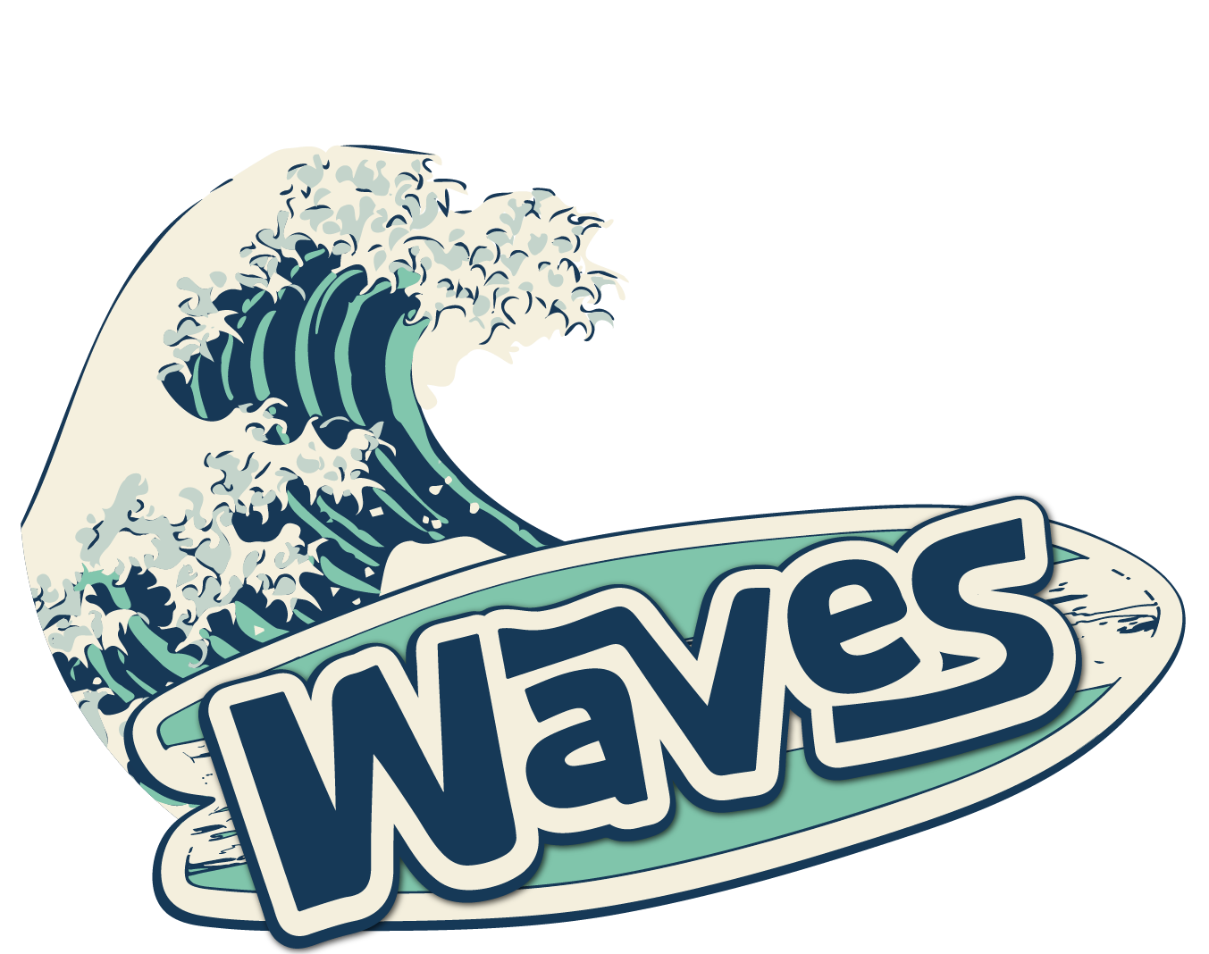 WAVES CAR WASH LOGO - VINTAGE SURFBOARD WITH THE WORD WAVES CAR WASH ON TOP and waves behind it