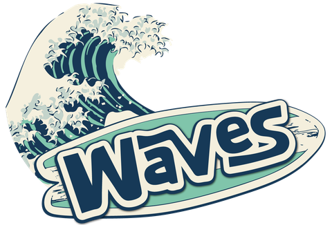 WAVES CAR WASH LOGO - SURFBOARD WITH THE GREAT WAVE