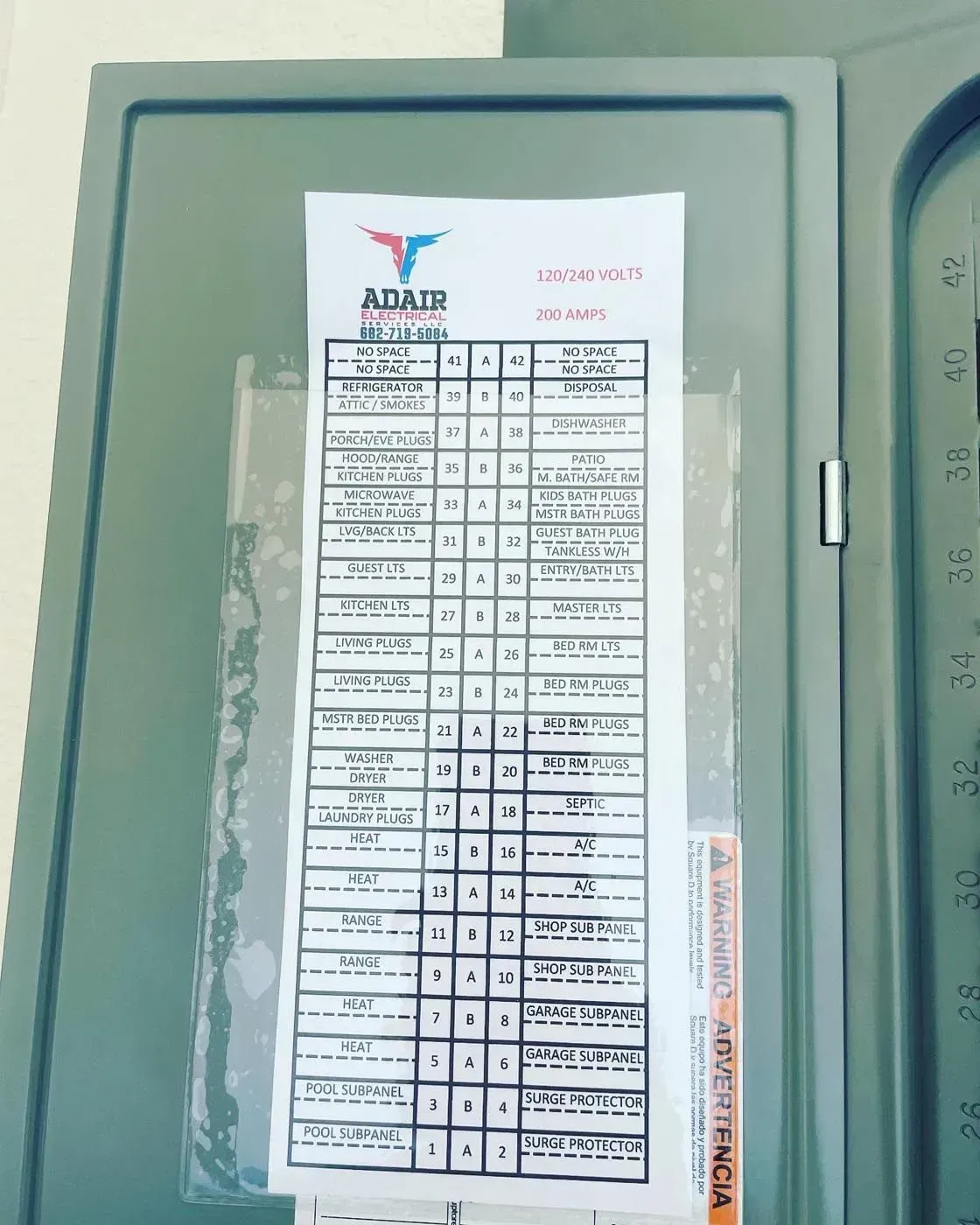 Electrical panel with a circuit breaker diagram taped to the inside. Grey exterior, white paper diagram.