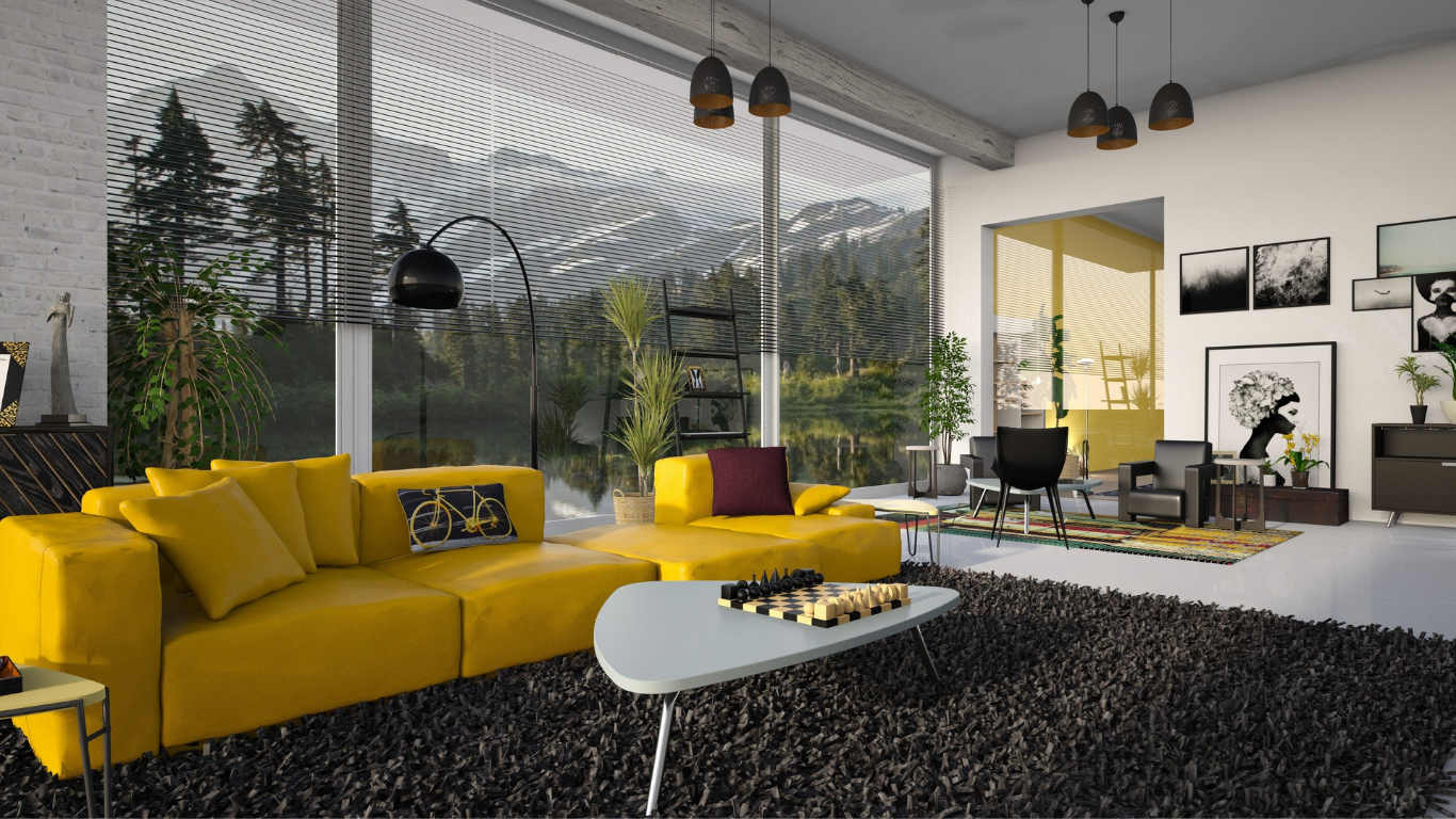 Modern living room with a bright yellow sofa, grey shag rug, triangular coffee table, and large windows with a view.