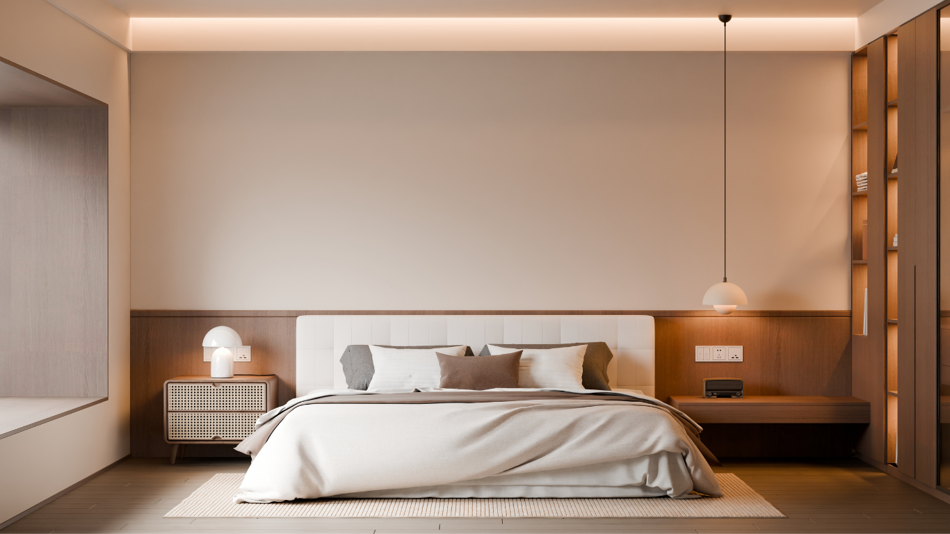 A modern, minimalist bedroom with a beige wall, wooden accents, a bed with white bedding, and soft ambient lighting.
