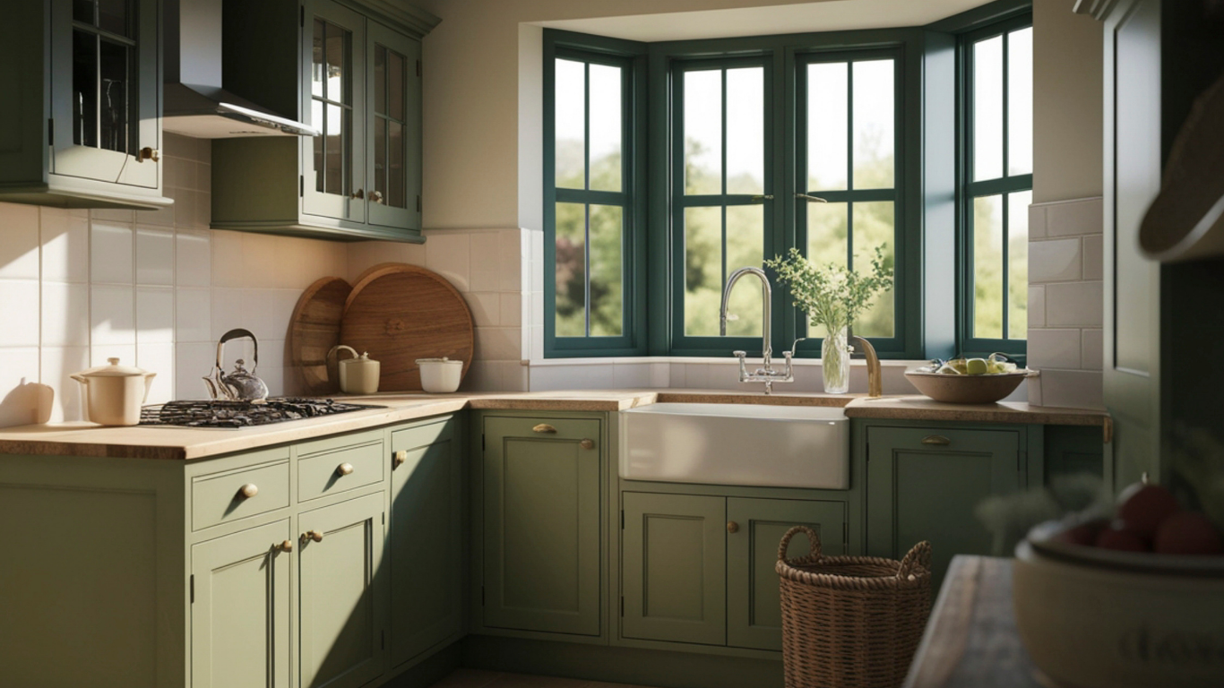 A kitchen with sage green cabinets, a white farmhouse sink, and a large bay window overlooking a garden.