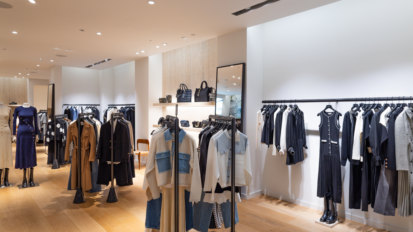 Interior of a clothing store with racks of apparel, including dresses, jackets, and coats, on a wooden floor.