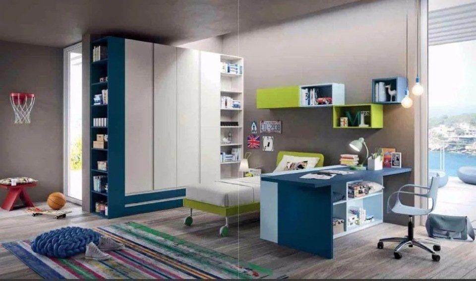 cameretta per bambini con arredi colorati verdi e blu