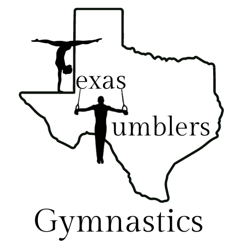 A black and white logo for texas tumblers gymnastics.