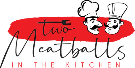 Logo: Two chefs with mustaches in chef hats, red background, text 