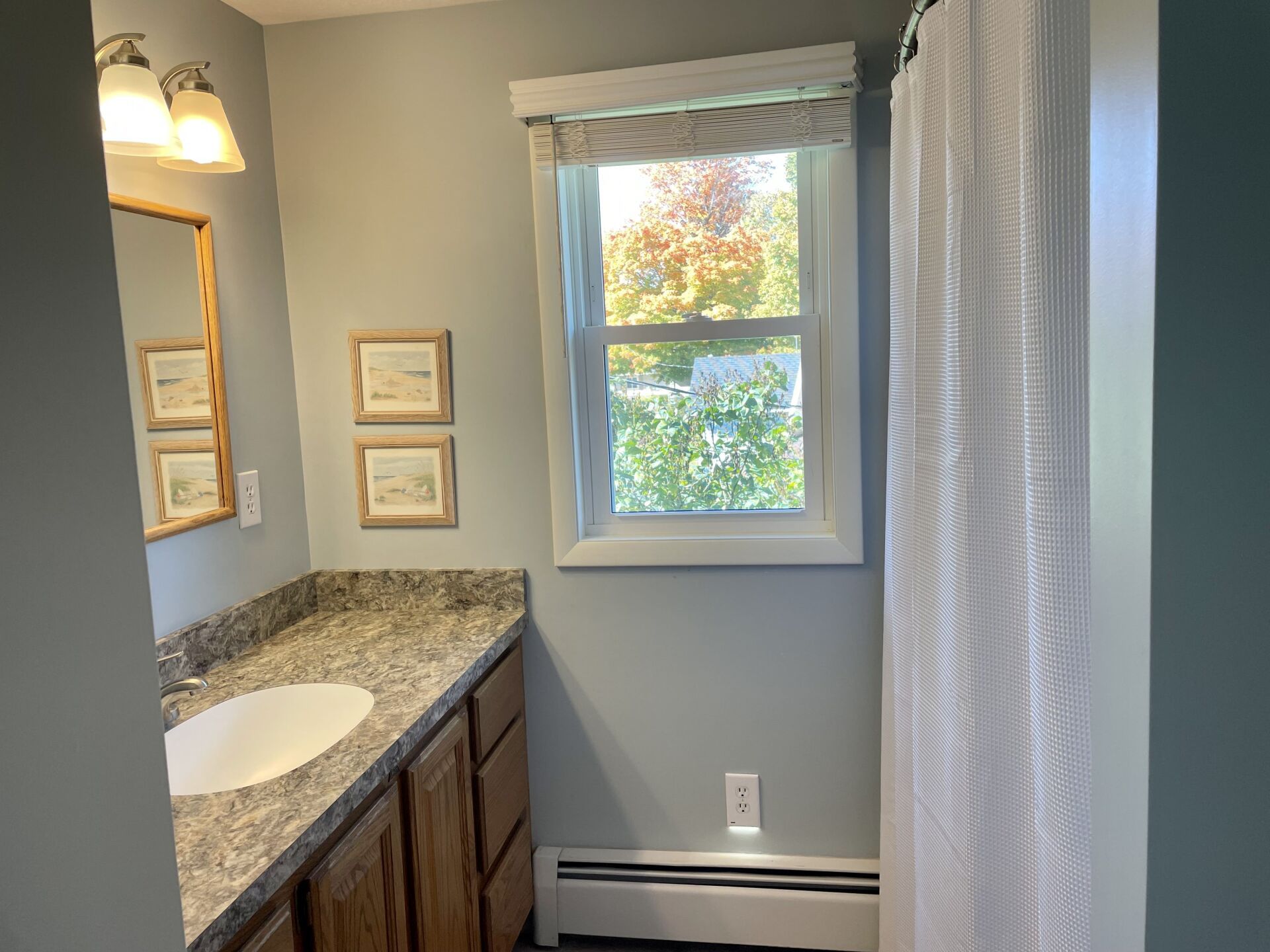 A bathroom with a sink, mirror, and shower curtain.