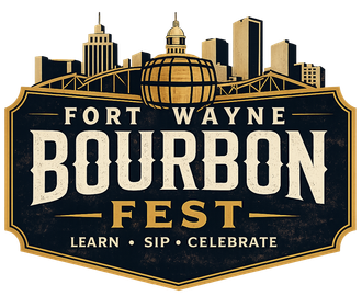 Fort Wayne Bourbon Fest logo with skyline, bourbon barrel, and glass on black and gold badge