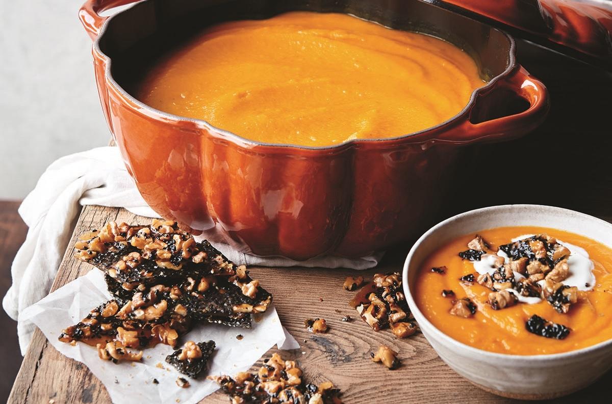 Miso Pumpkin Soup with Walnut and Sesame Seed Brittle