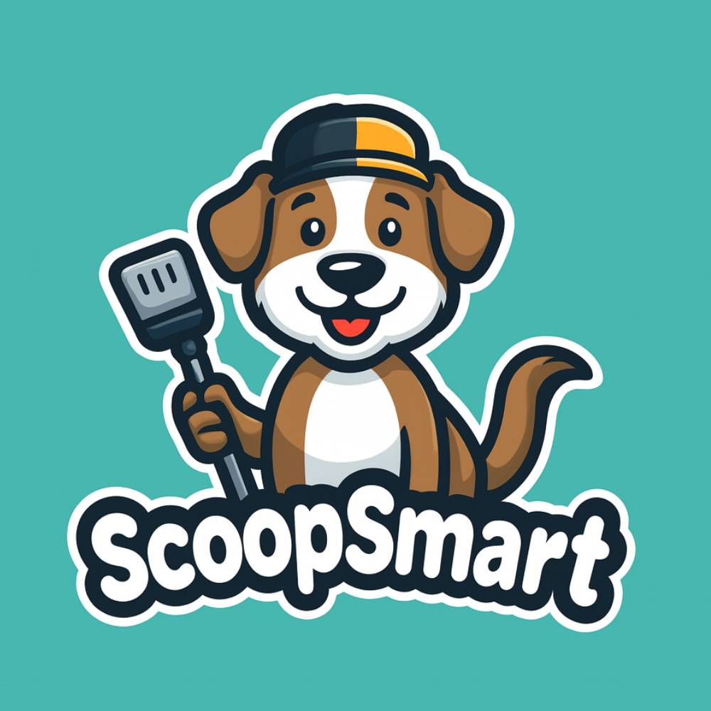 Dog with brown and white fur wearing a hat, holding a scoop, and the words 