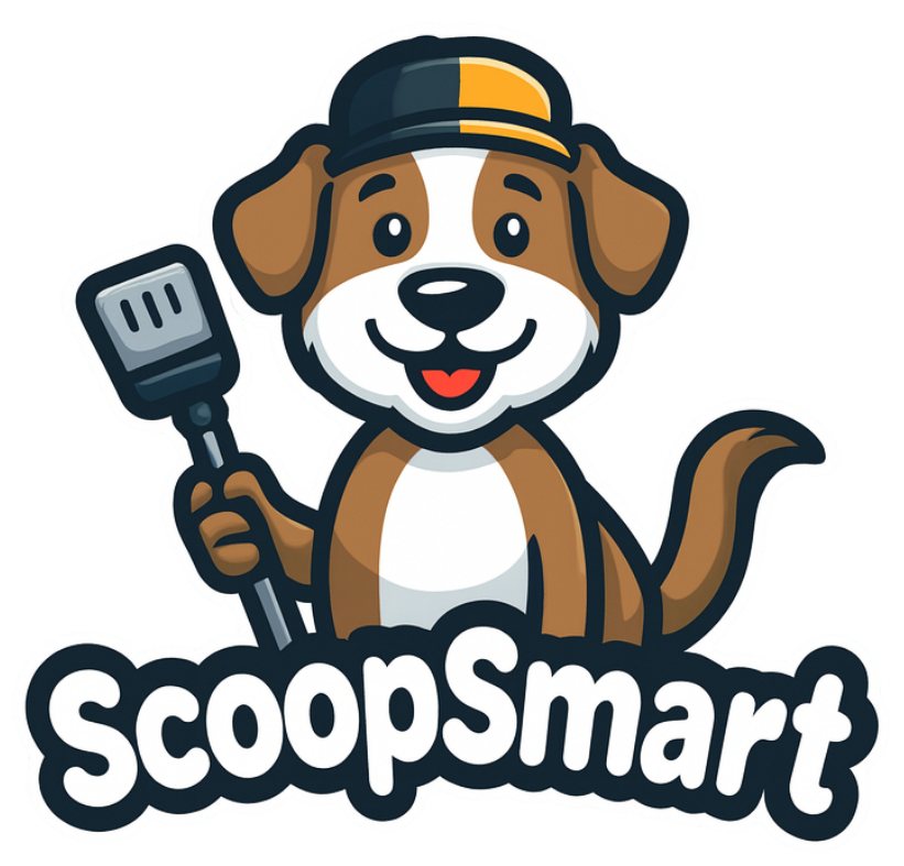 Dog cartoon with a paintbrush and paw prints. The Doo Crew logo with a painter's cap.