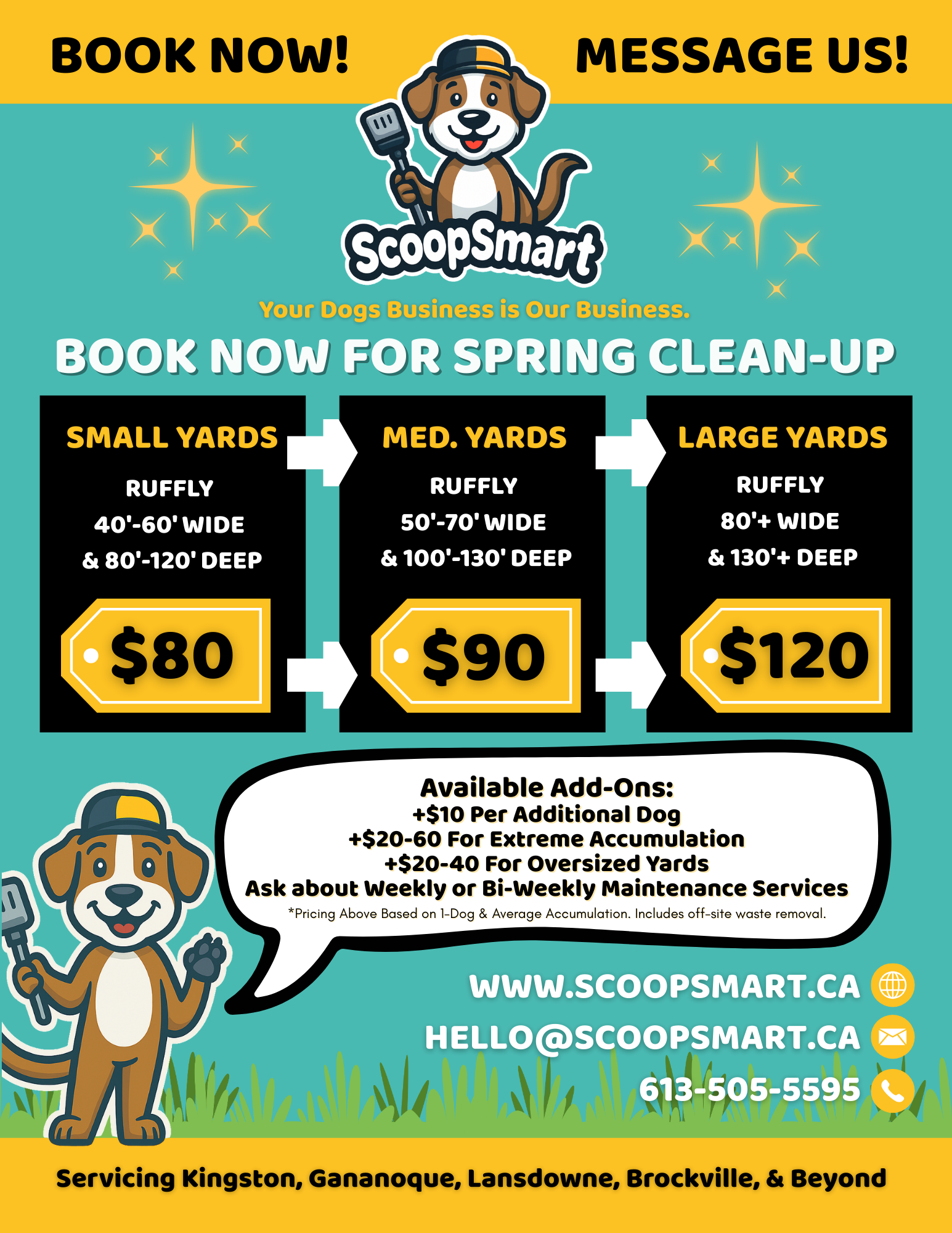 Advertisement for ScoopSmart dog waste removal service, pricing for small, medium, and large yards, with contact info.