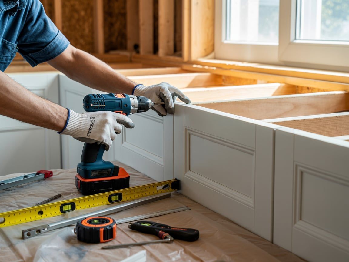 Person installing white kitchen cabinets with a power drill and tools.