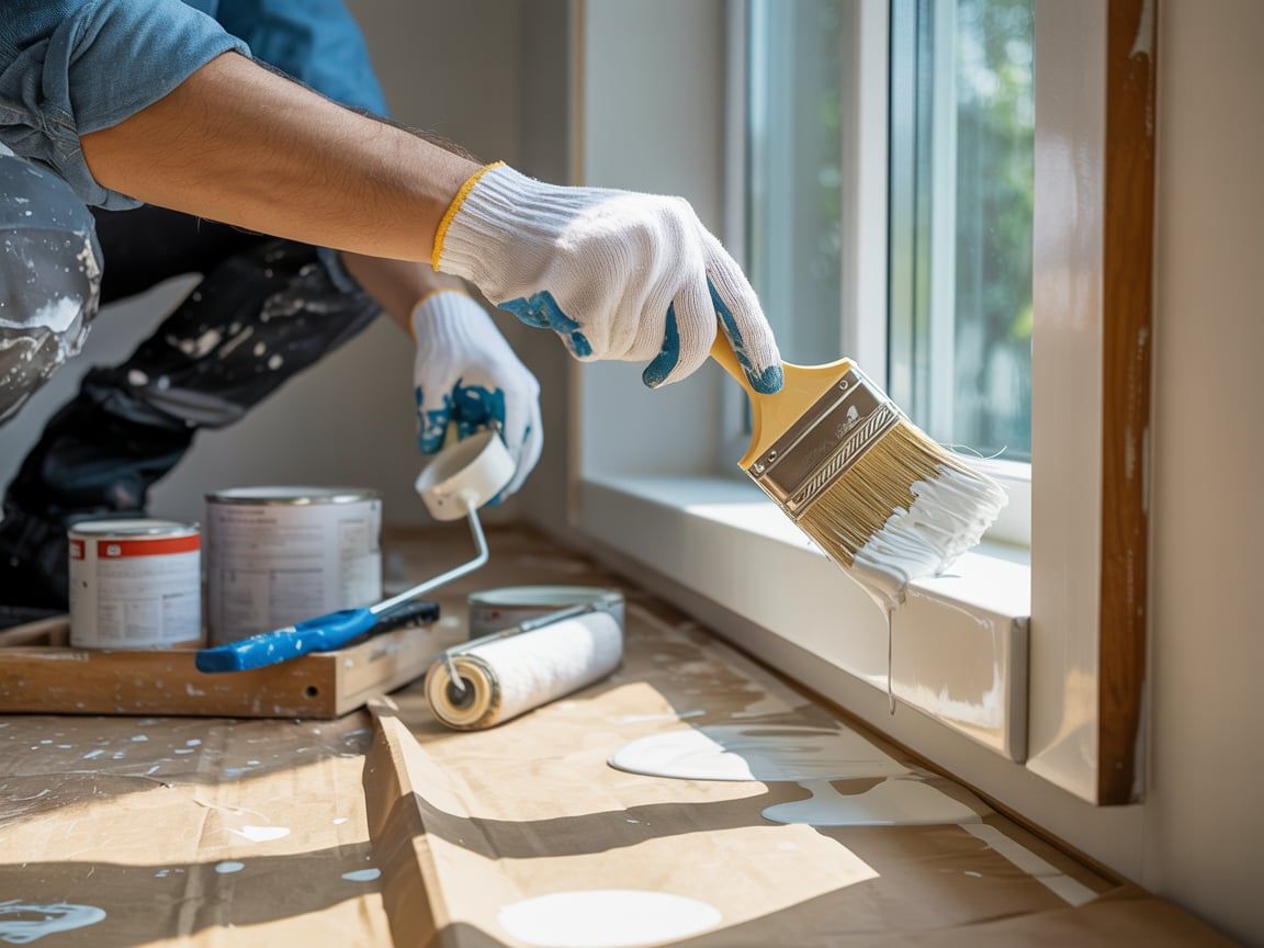 Person wearing gloves paints window trim white with a brush.
