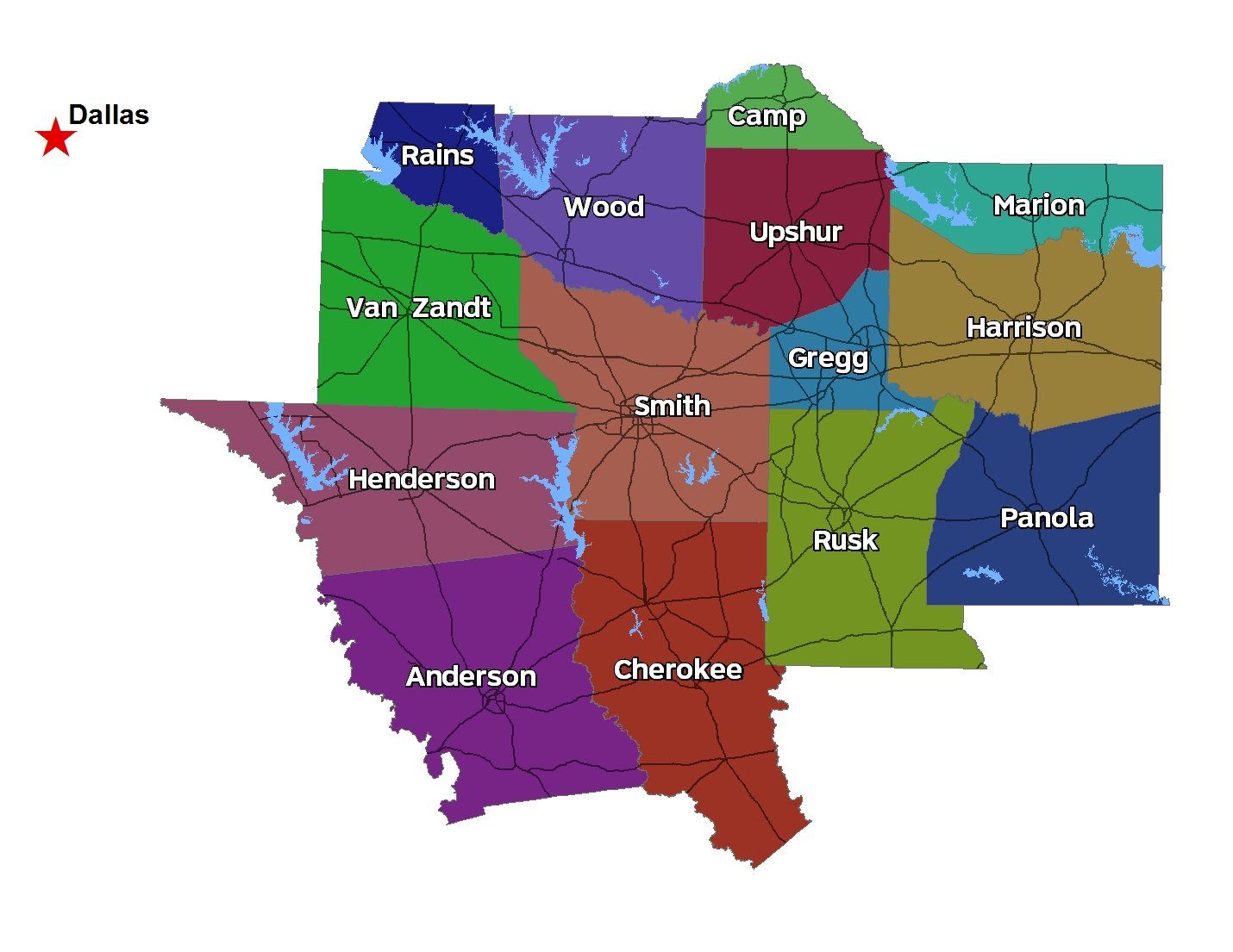 Anderson, Camp, Cherokee, Harrison, Henderson, Marion, Panola, Rains, Rusk, Upshur, Van Zandt, and Wood Counties and the non-urbanized areas of Gregg and Smith Counties