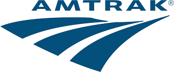 A blue and white amtrak logo on a white background