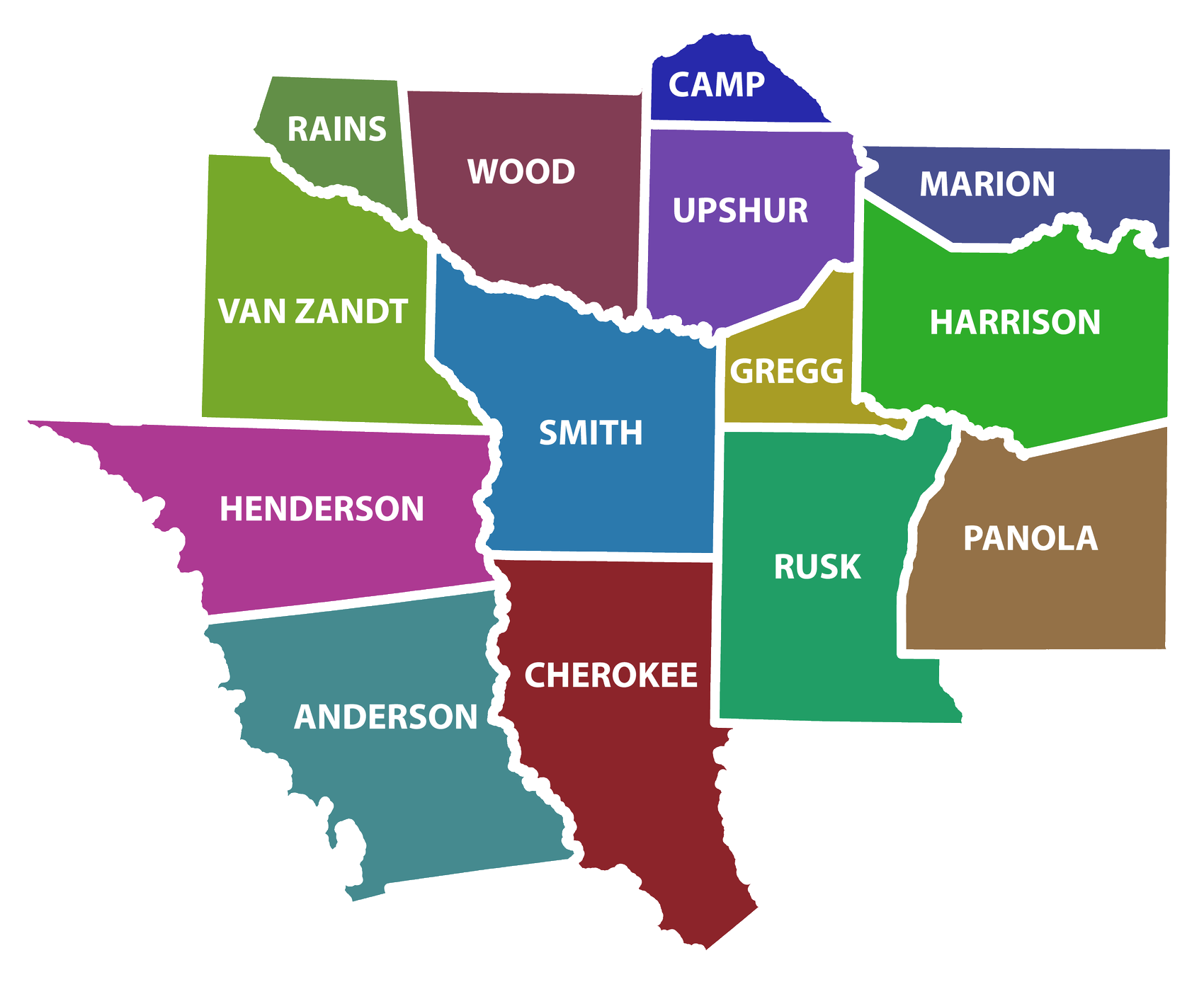 map of 14 counties in East Texas
