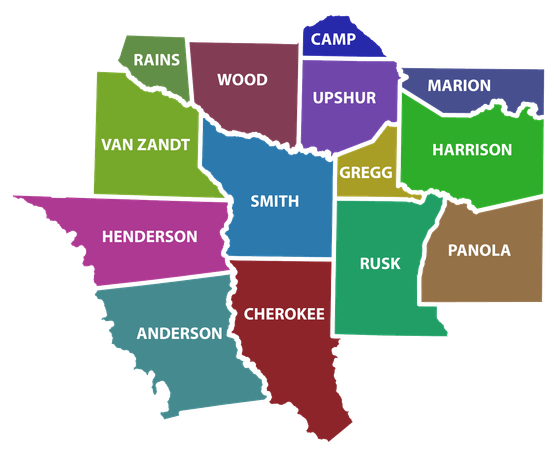 map of 14 counties in East Texas