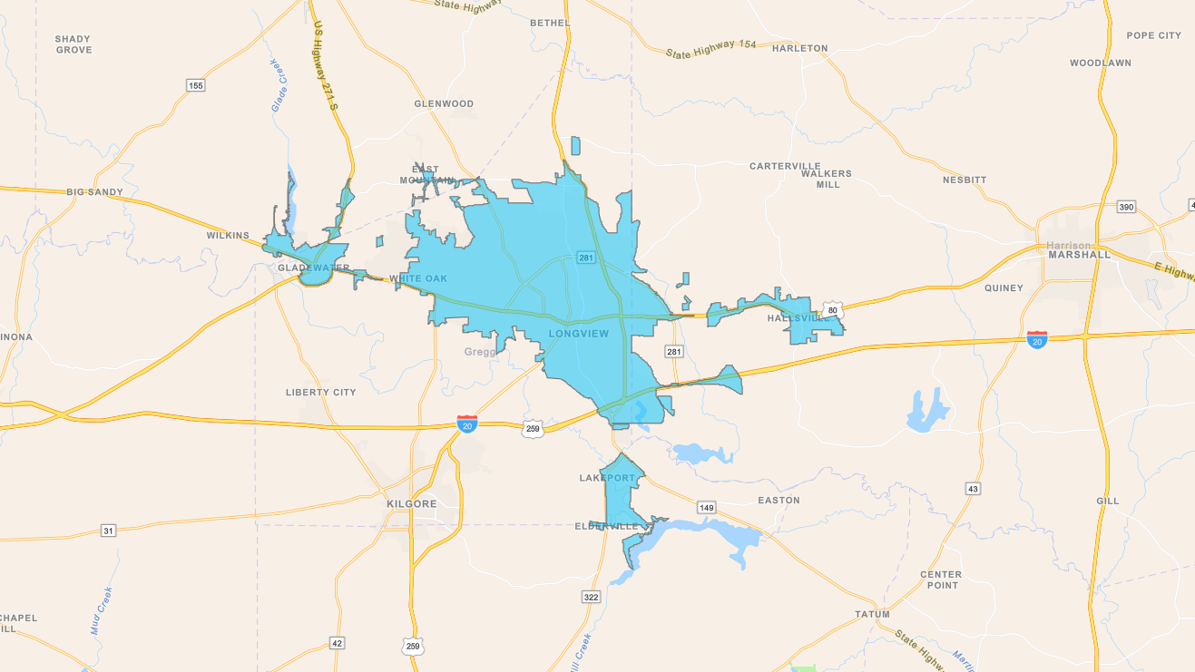 Map of Longview with the city highlighted in blue and surrounding areas in yellow.
