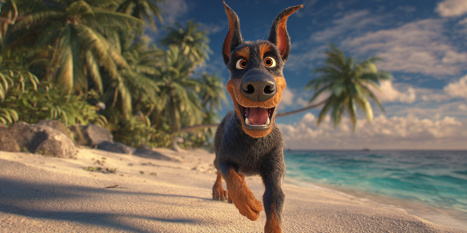 Cartoon dog running on a sandy beach with palm trees and ocean in the background.