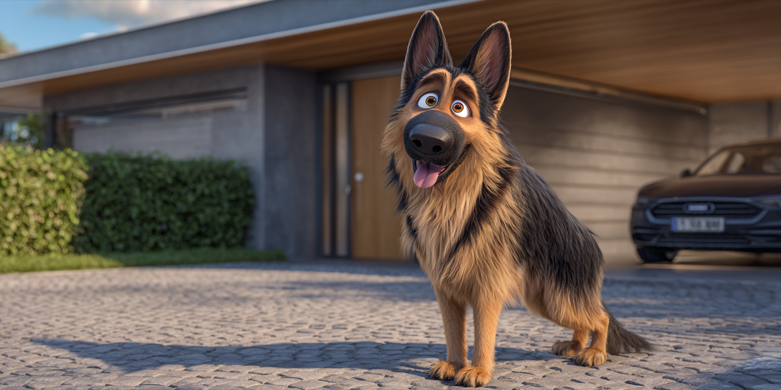A german shepherd dog is standing in front of a house and a car.