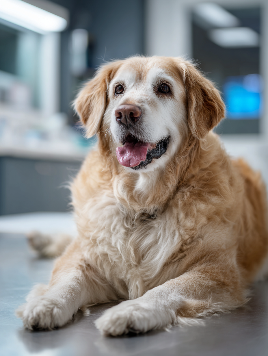 Golden retriever dog resting on a table, possibly at a vet's office.