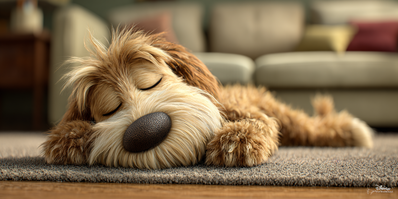 A stuffed dog is sleeping on the floor in a living room.