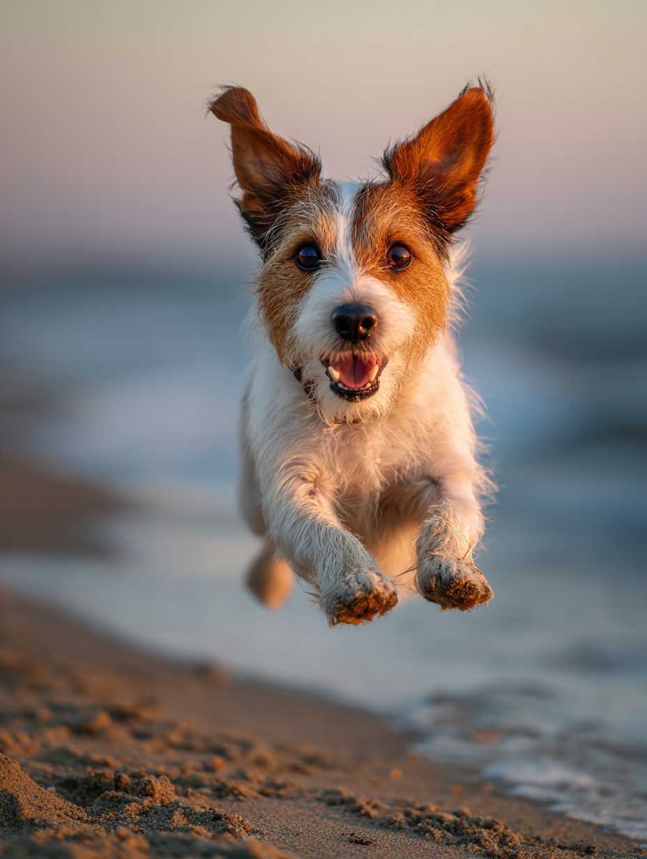 Dog leaping joyfully on a beach, lit by warm sunlight.