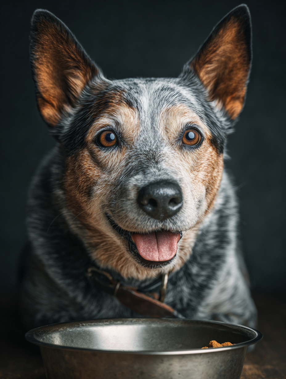 Blue heeler dog with a friendly expression, brown eyes, and its tongue out near a food bowl.