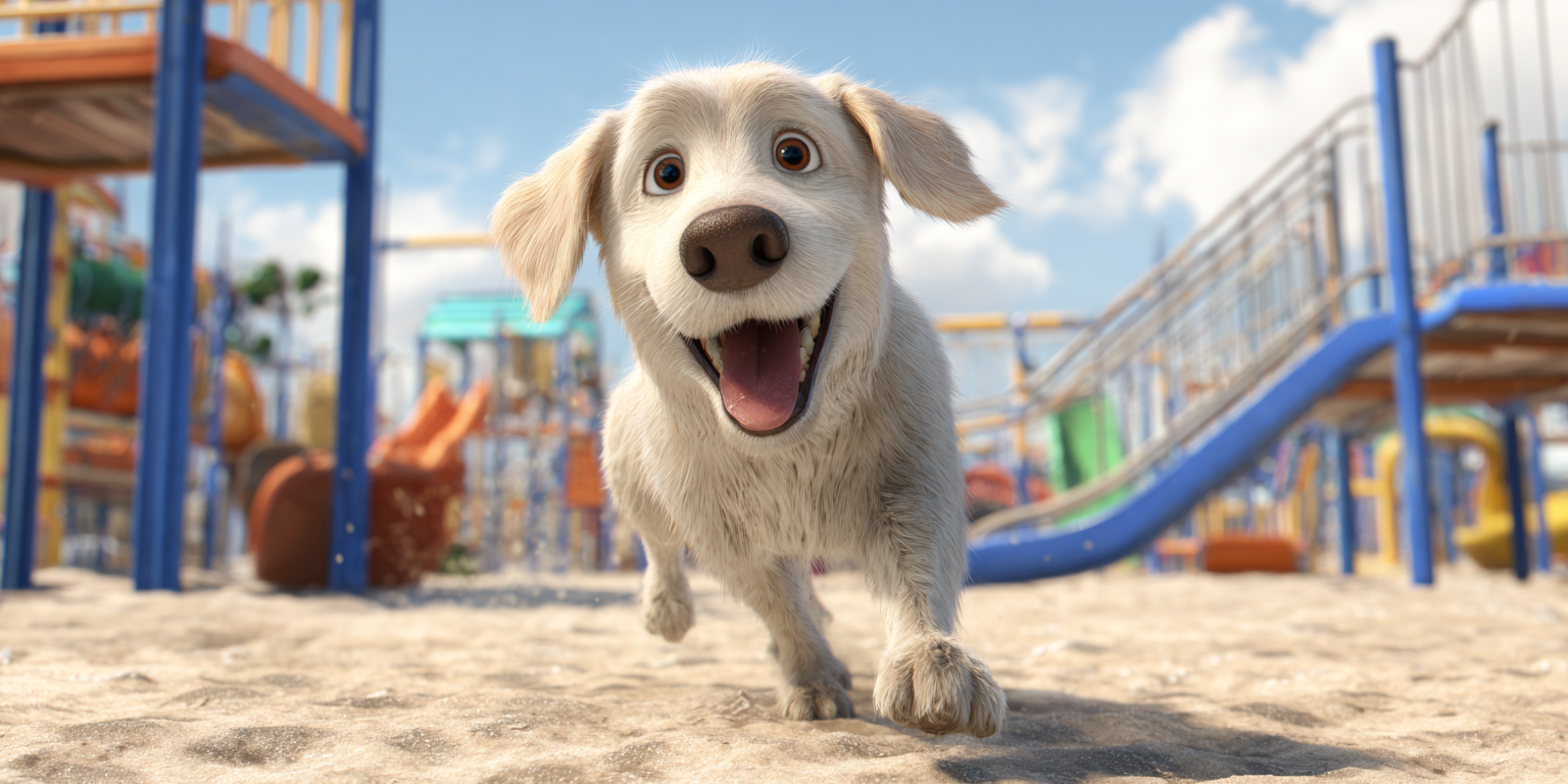 A dog is running on a sandy beach in front of a playground.