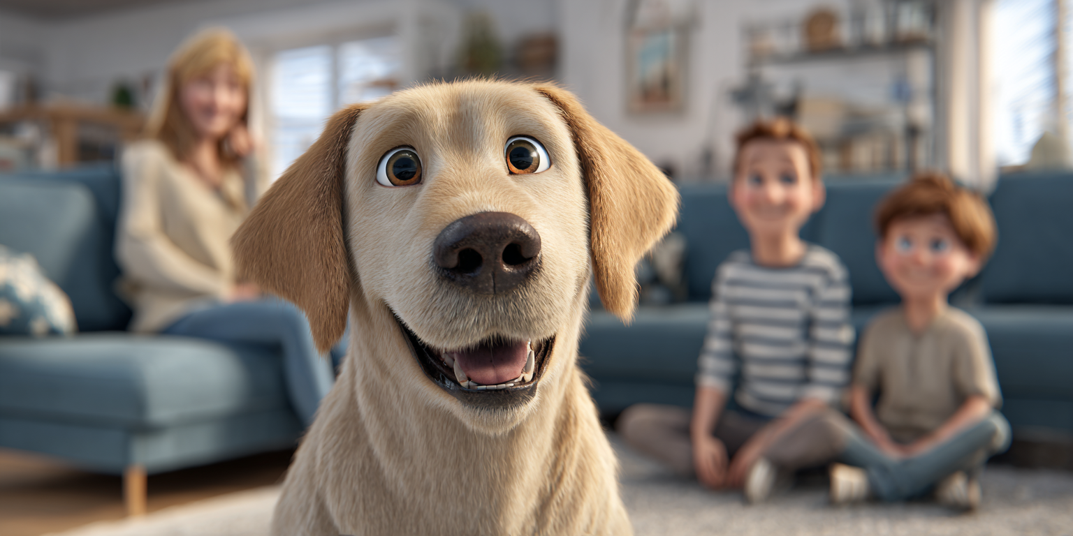 A dog is sitting on the floor in front of a family in a living room.