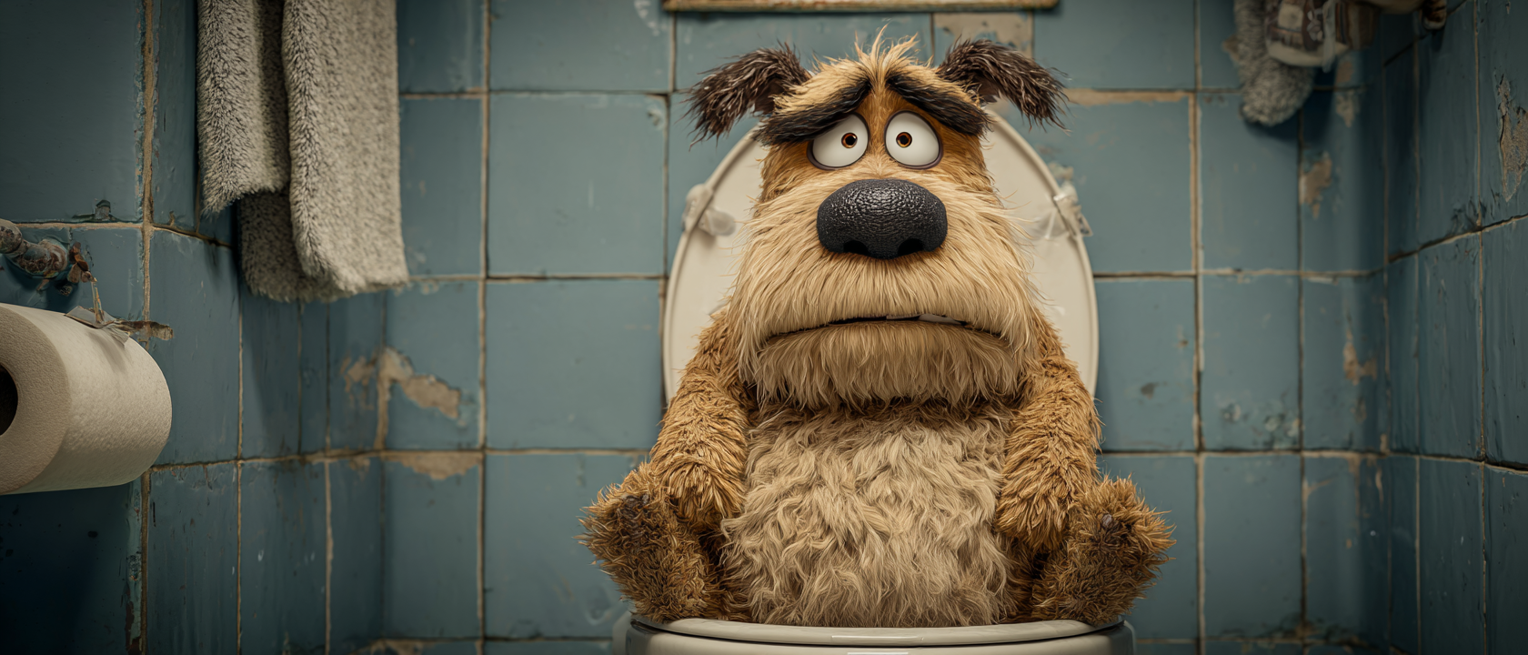 A shaggy dog sits on a toilet in a blue-tiled bathroom, looking bewildered.