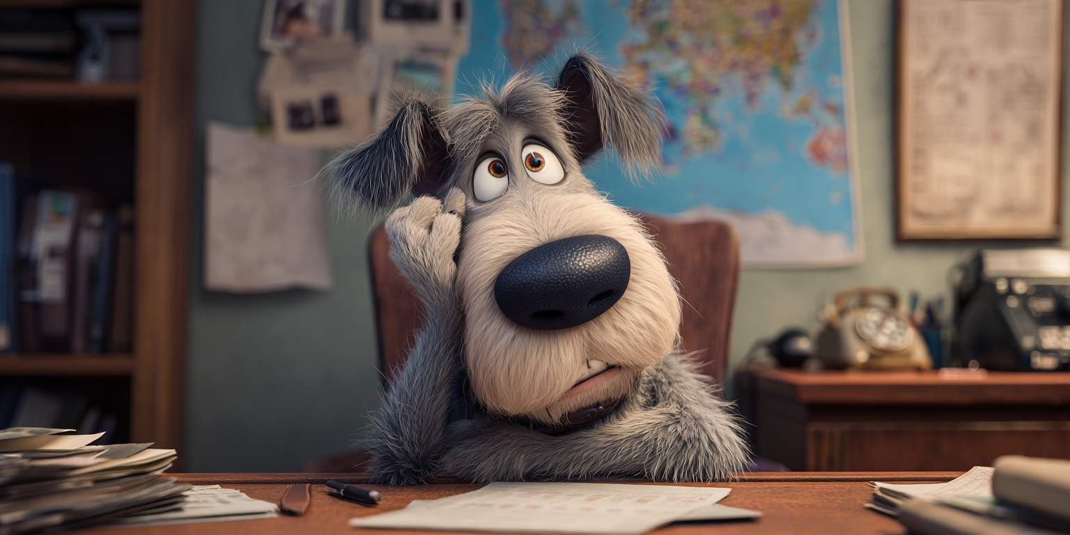 A cartoon dog is sitting at a desk with his head resting on his hand.