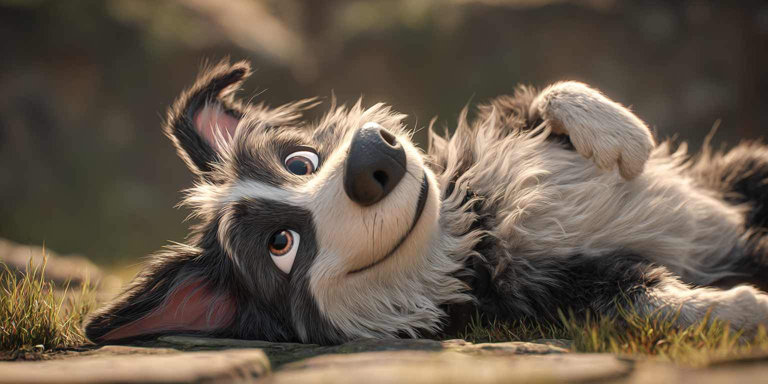 A Border Collie lying on its back, smiling. It's on a grassy surface with blurred background.
