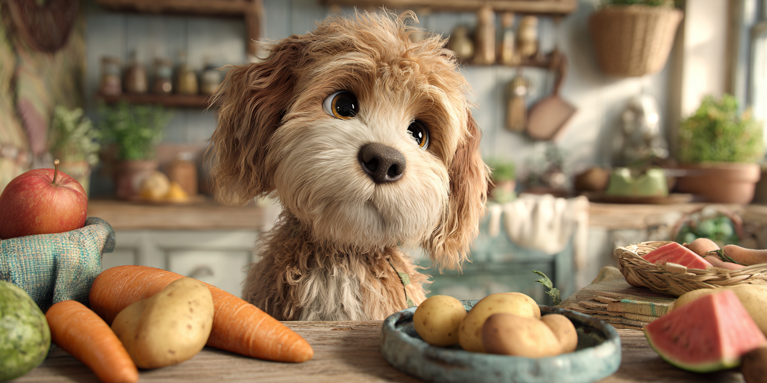 A dog is sitting at a table with a bowl of carrots and potatoes.