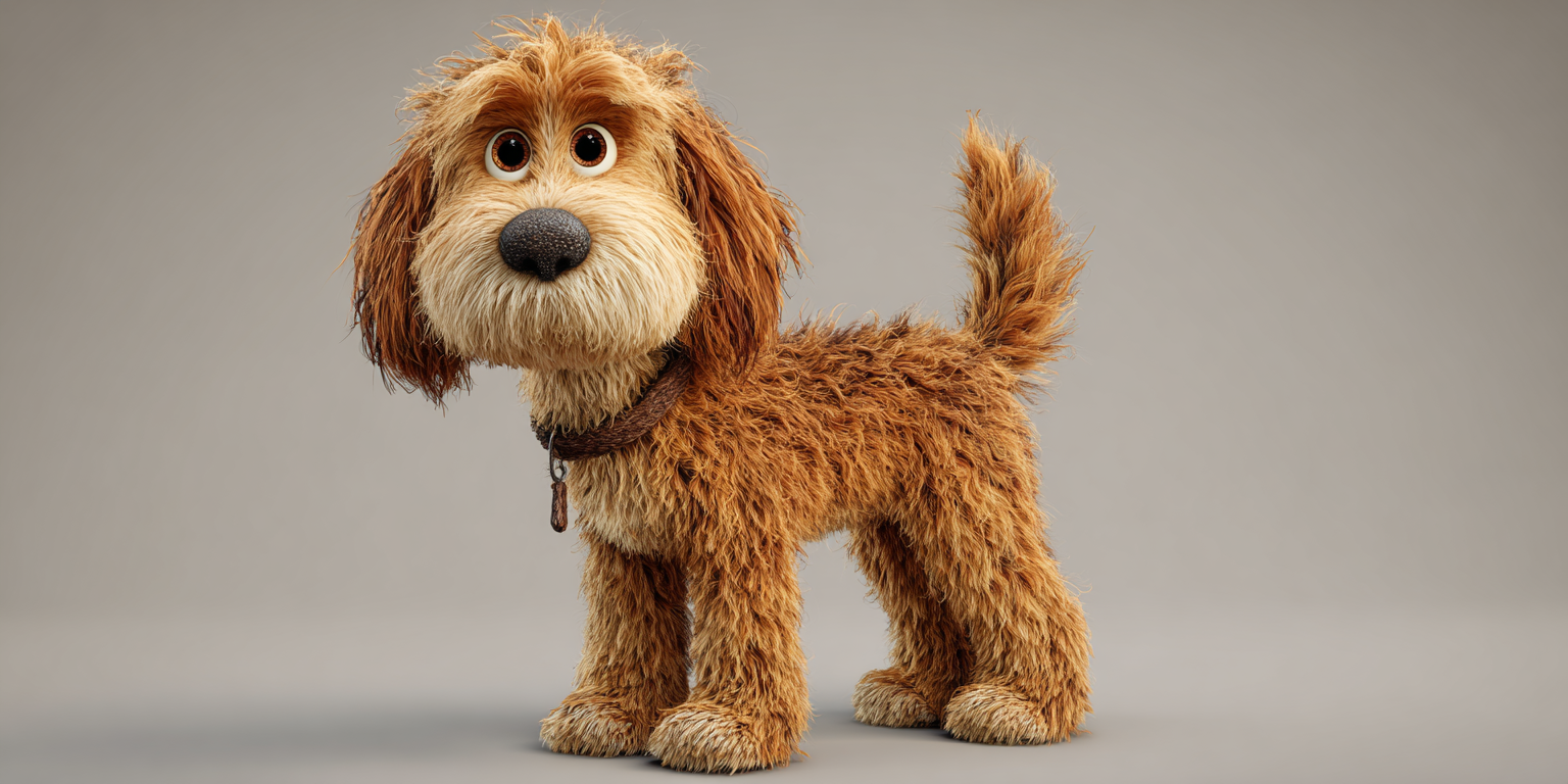 A stuffed dog with a collar is standing on a gray background.