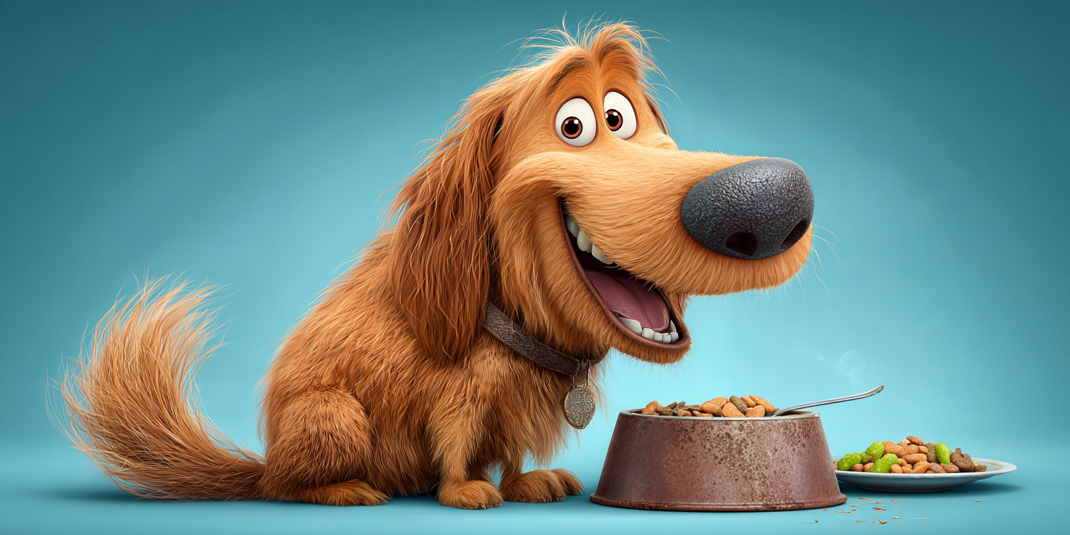 A cartoon dog is sitting next to a bowl of food.