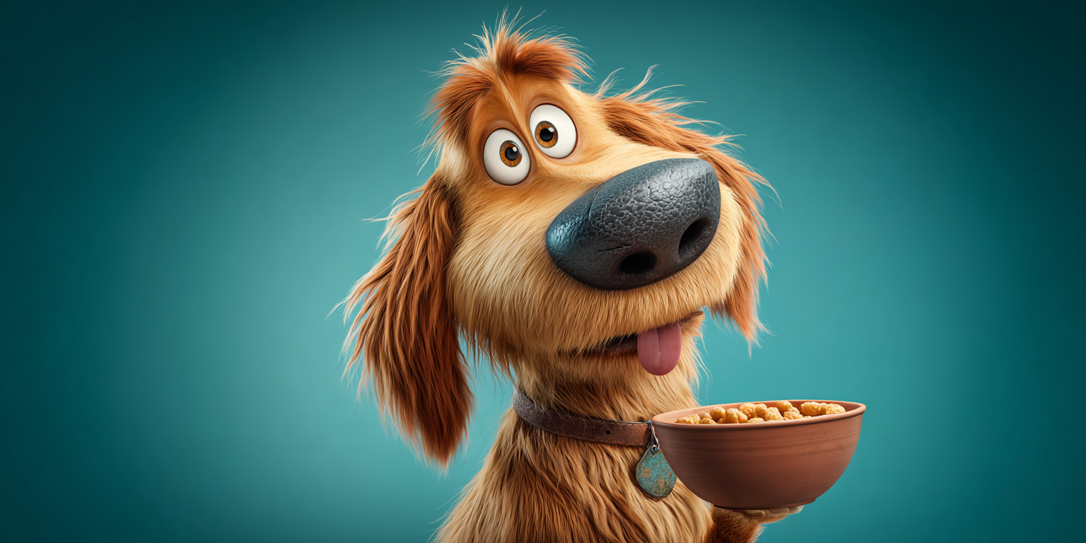 A cartoon dog is holding a bowl of food in its mouth.