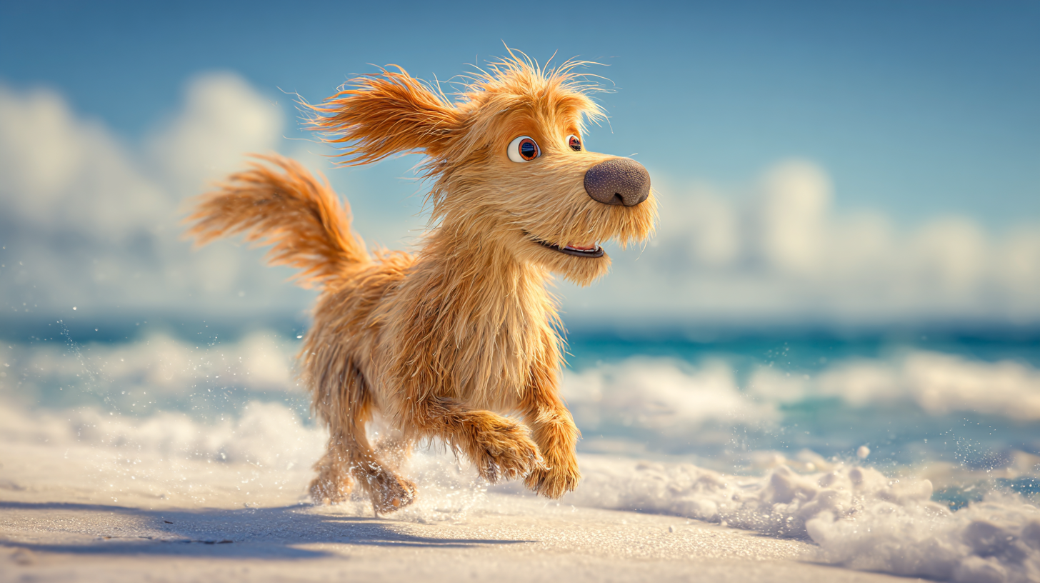 Cartoon golden dog running joyfully on a sandy beach near the ocean.