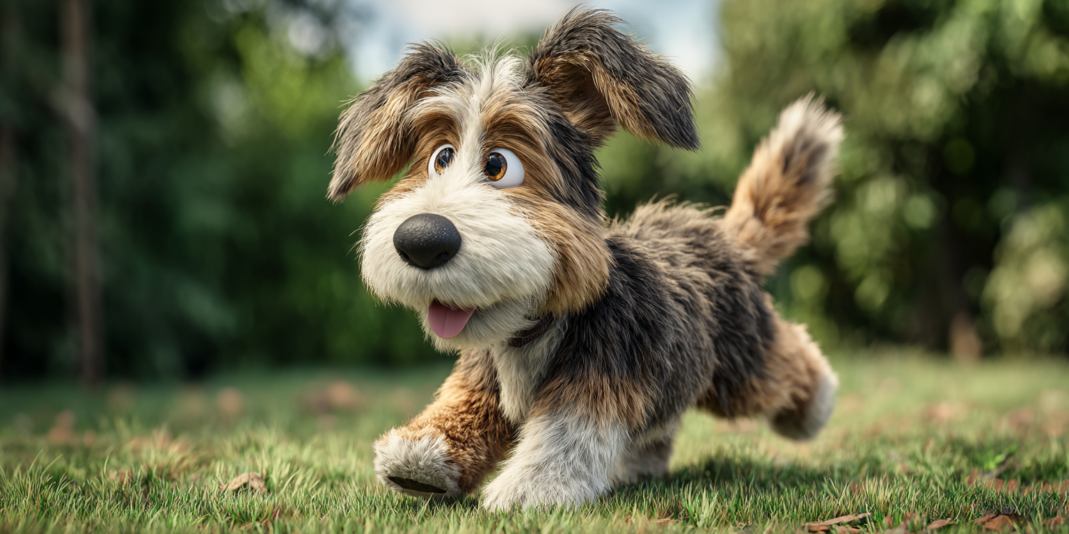 A stuffed dog is running in the grass and looking at the camera.