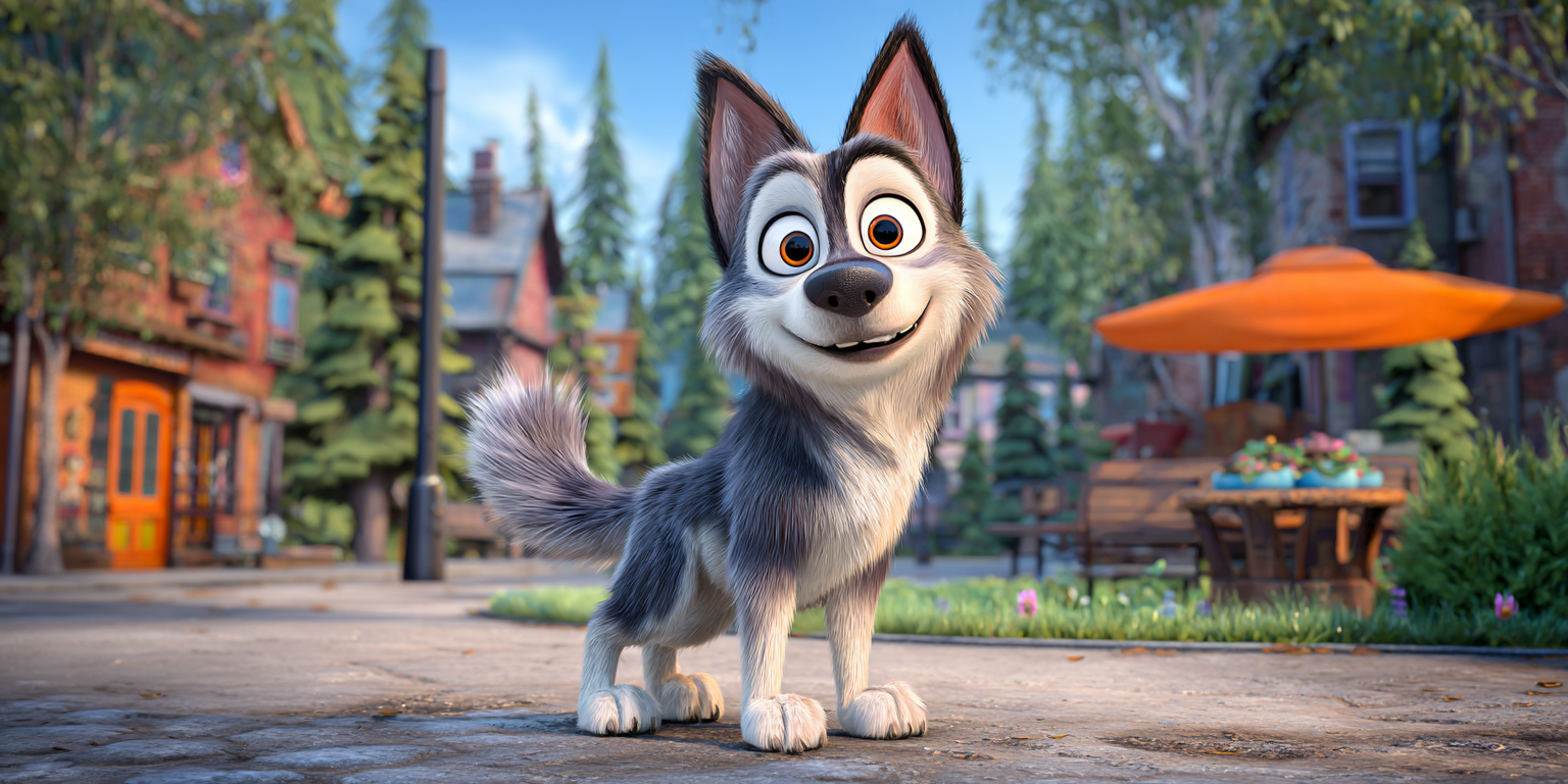 A cartoon husky dog is standing on a sidewalk in a city.