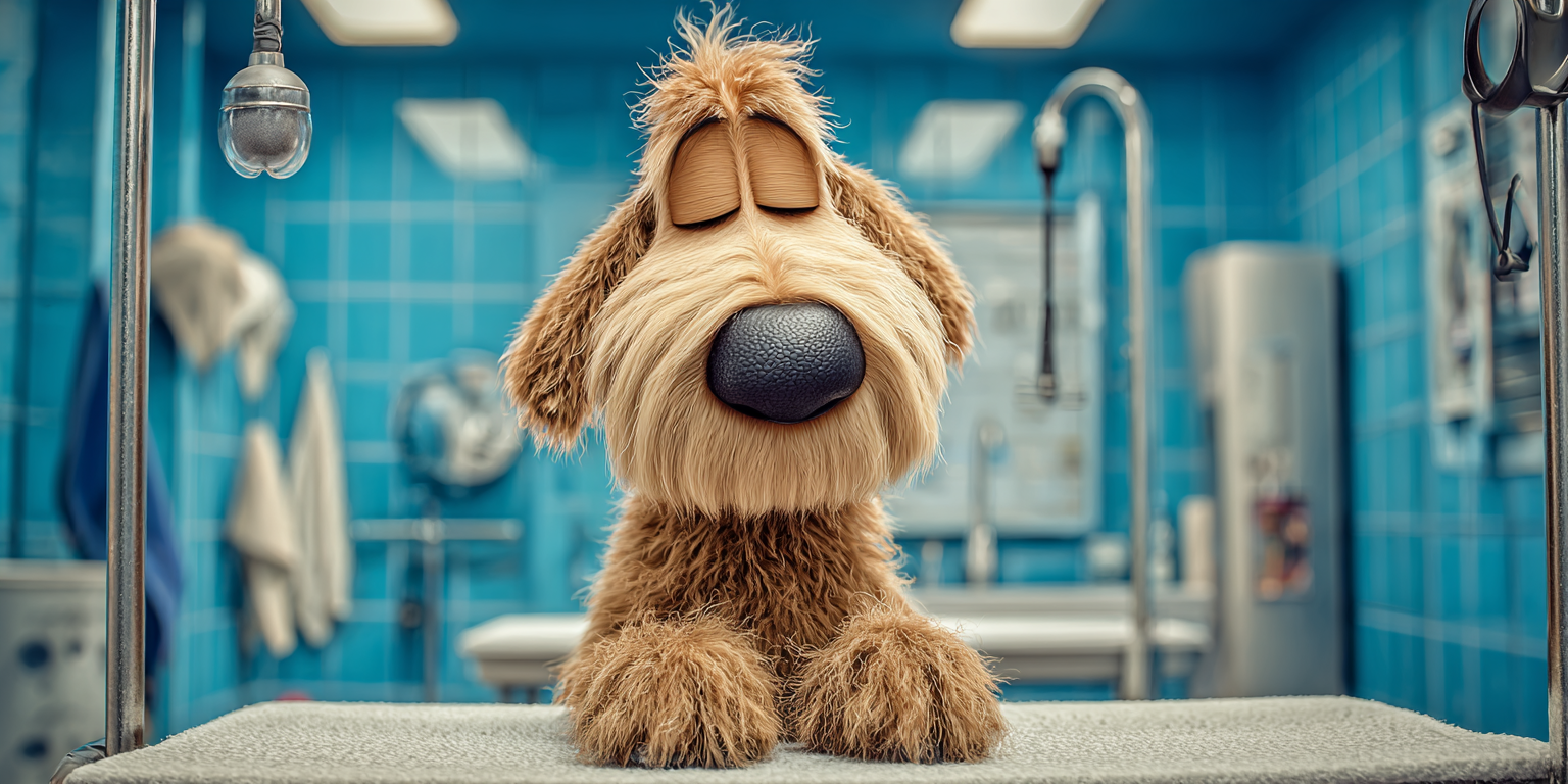 A stuffed dog is sitting on a table in a veterinary clinic.