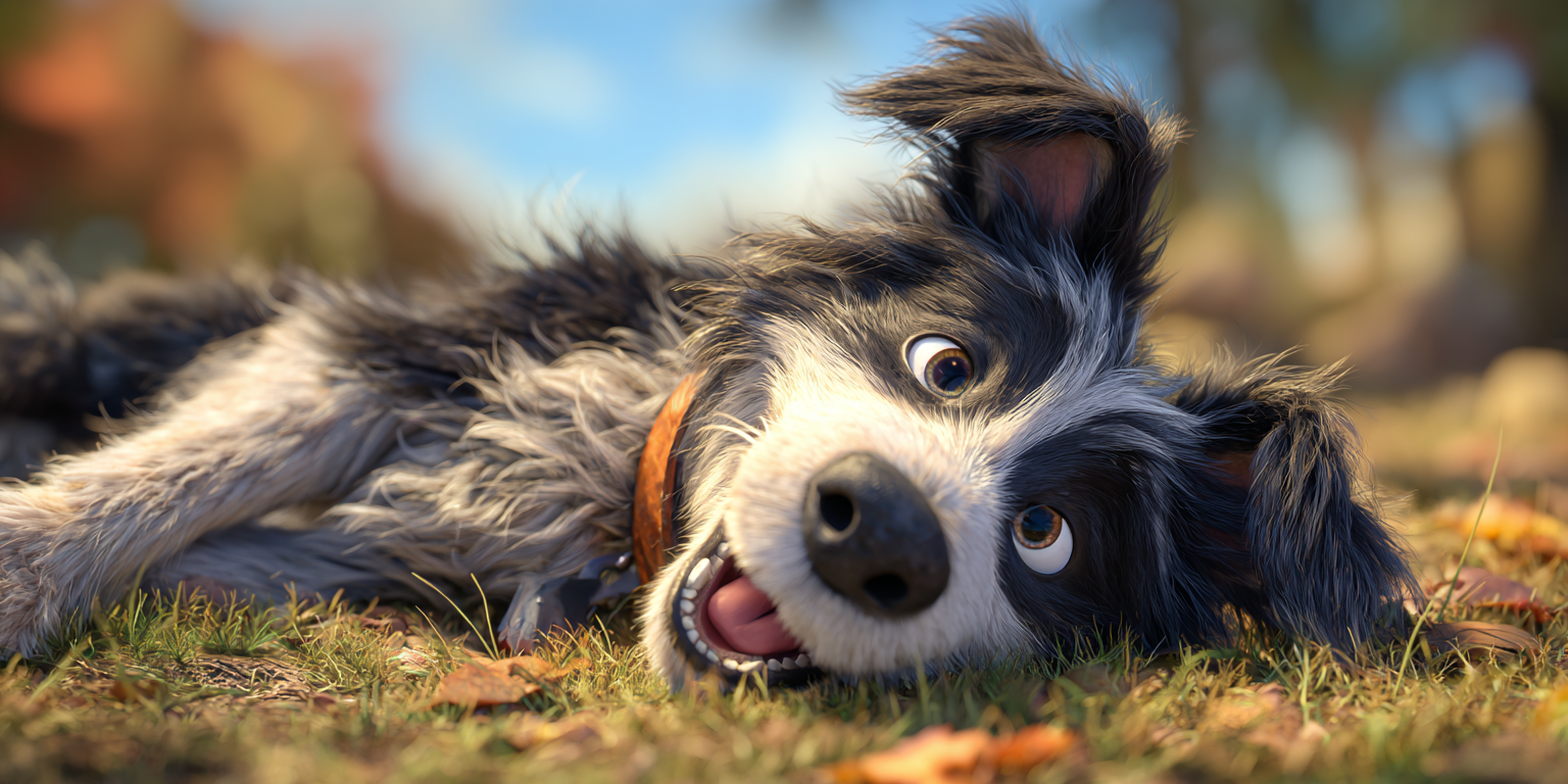 A black and white dog is laying on its back in the grass.