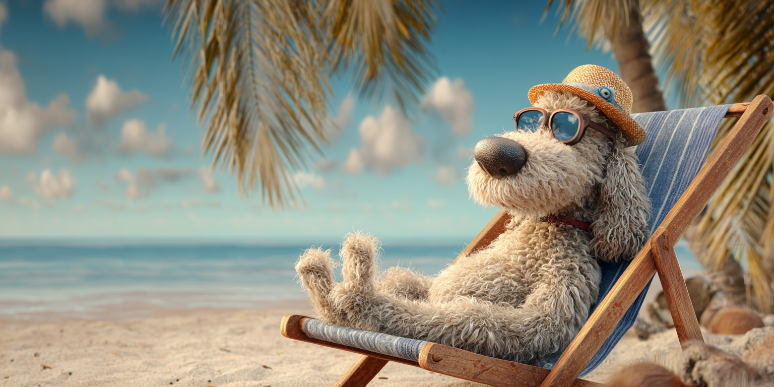 A stuffed dog wearing sunglasses and a hat relaxing in a beach chair on a sunny beach.
