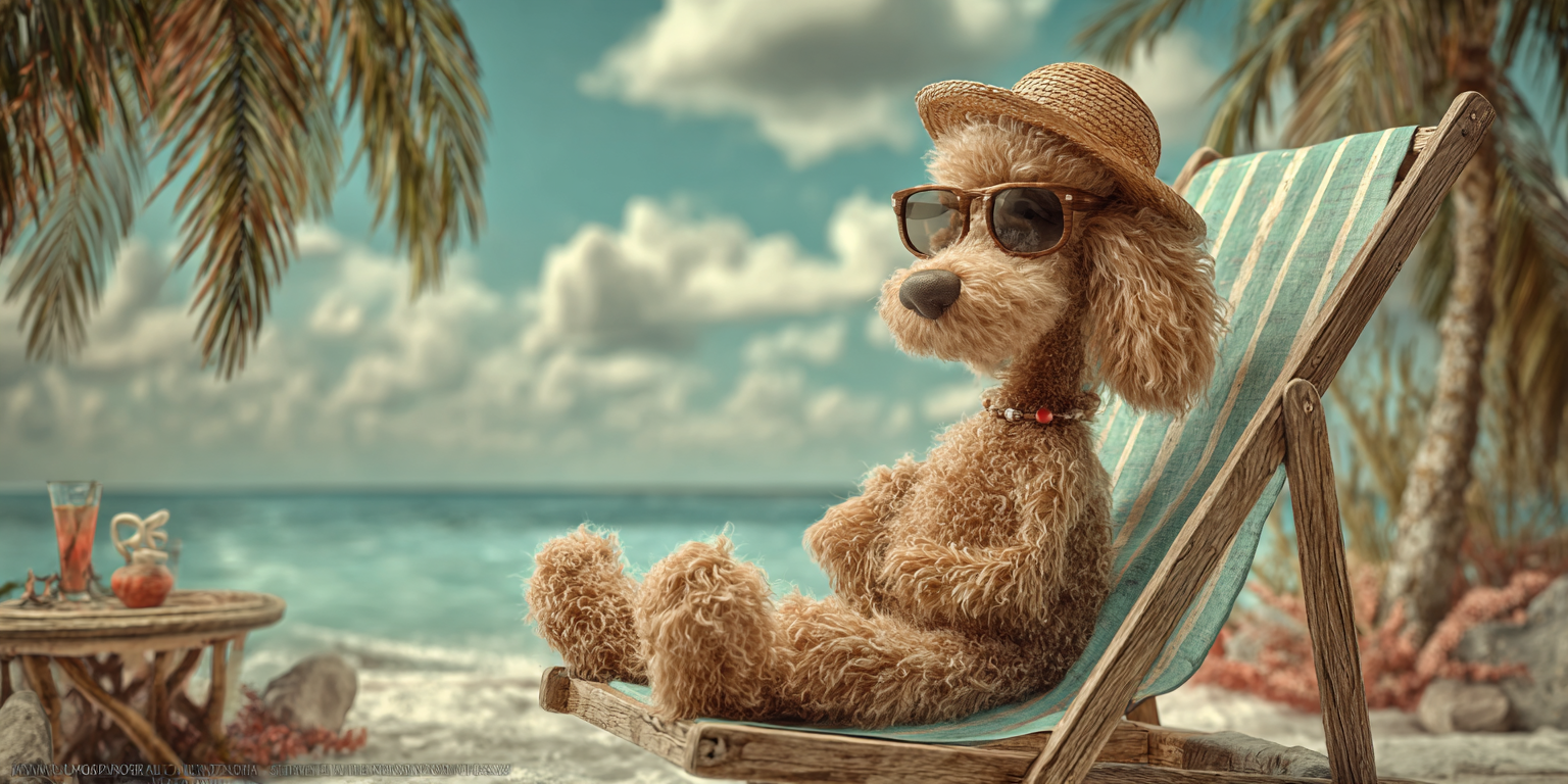 A teddy bear is sitting in a beach chair wearing sunglasses and a hat.