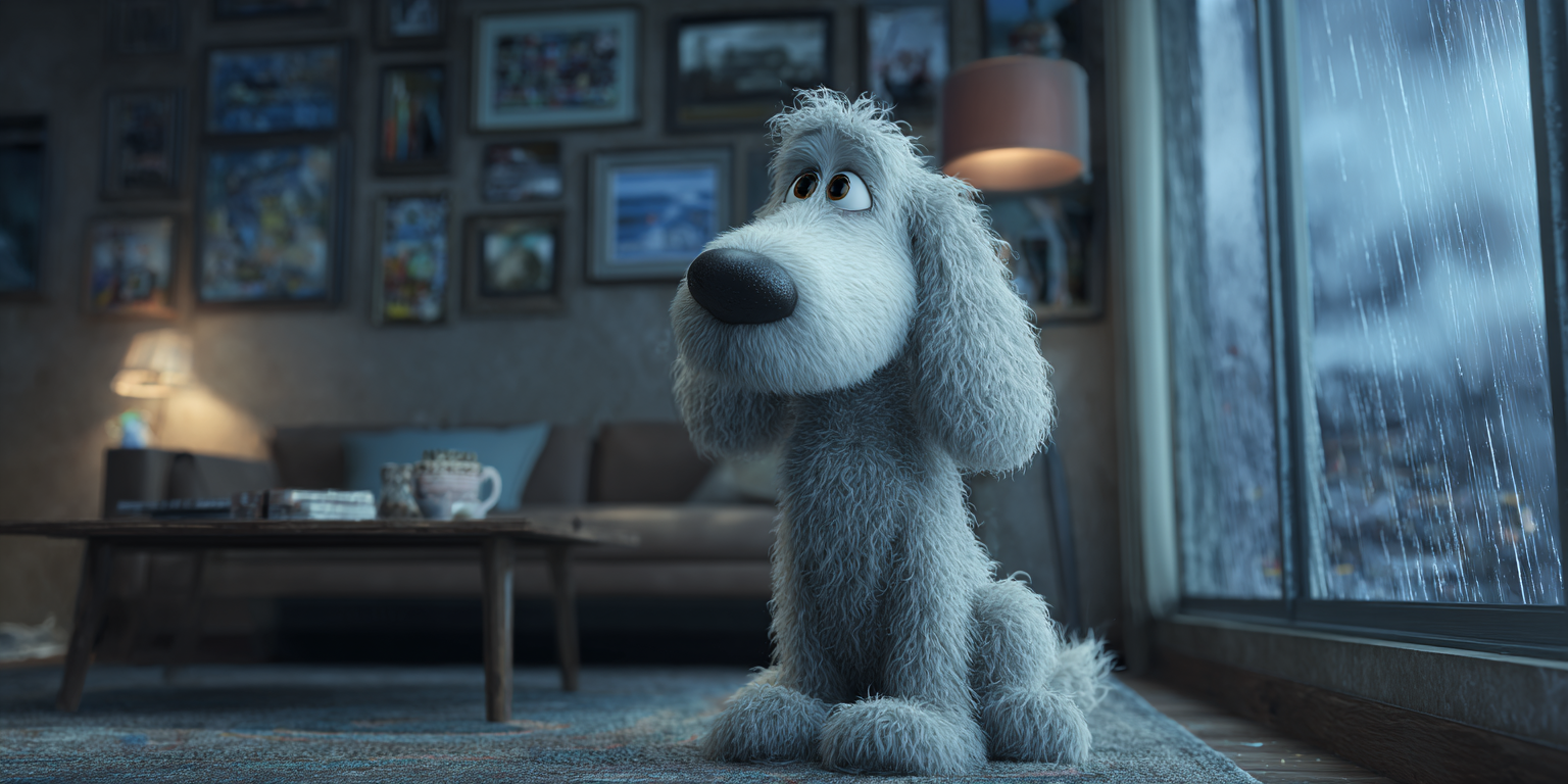 A sad, animated dog sits by a window, watching the rain. The room has photos and a soft glow.