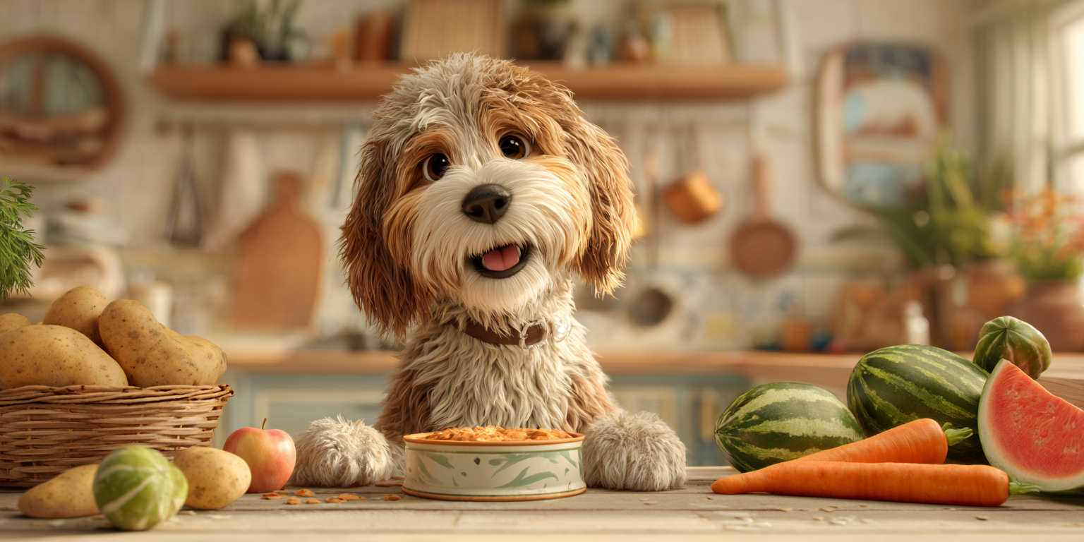Dog in a kitchen smiles in front of a table with vegetables and a pie.